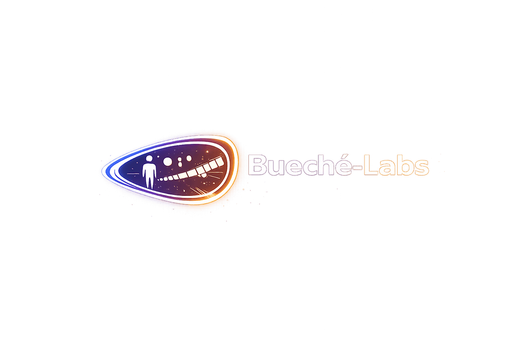 Bueché-Labs — artificial magnetosphere sheltering a human figure and the modular Spine